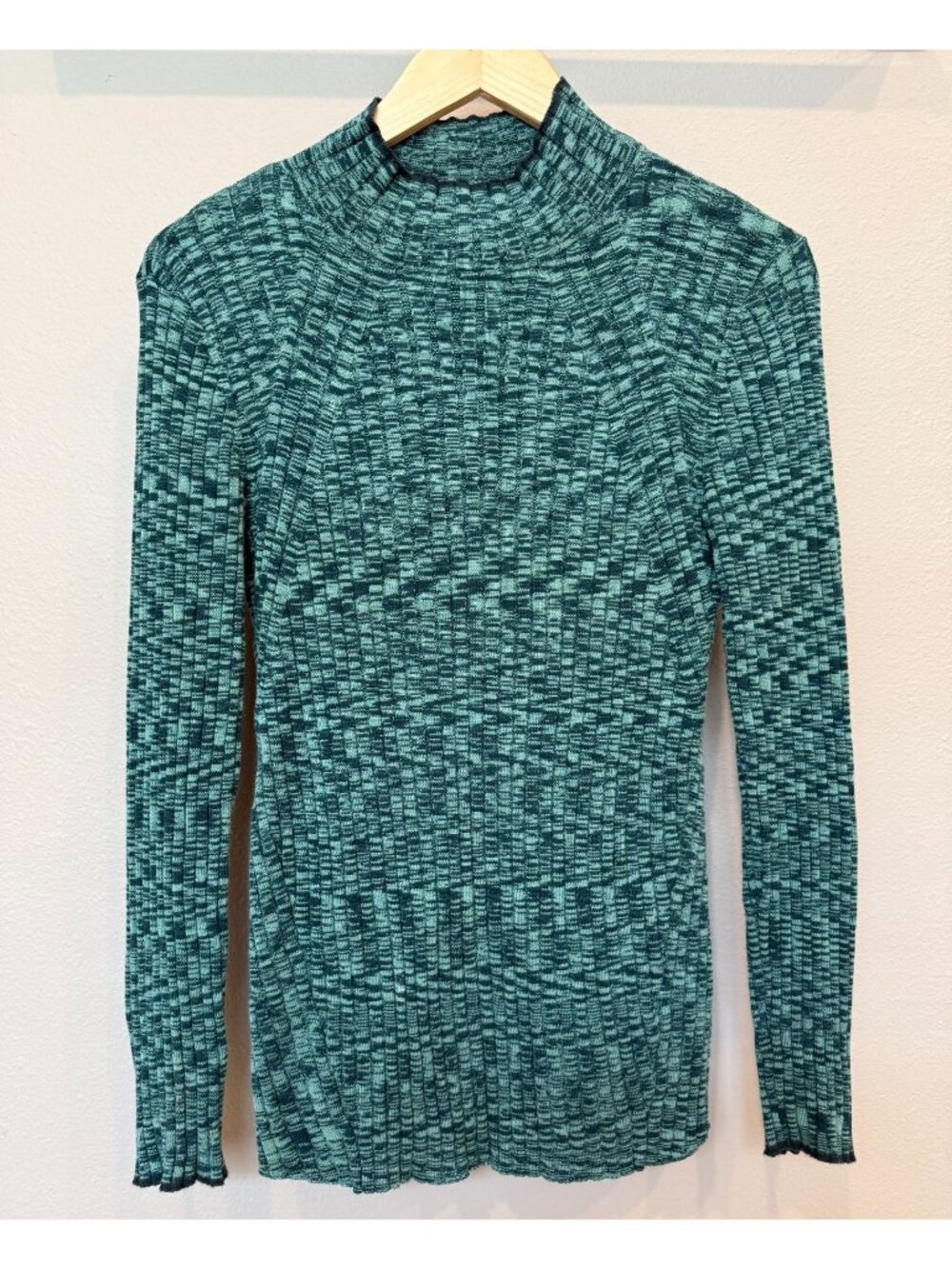Sundance Space Dye Aqua Green Long Sleeve Ribbed Mock Neck Sweater Medium Cozy